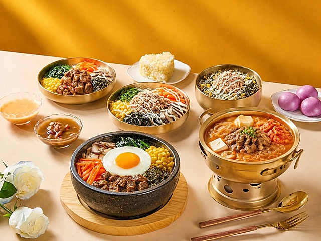 将场景图中原有的所有菜品替换为提供的5道韩式拌饭和汤品：前景左侧大碗替换为石锅牛肉拌饭（带煎蛋），前景右侧大盘替换为辣白菜肥牛豆腐汤小锅，中排左侧小盘替换为牛肉拌饭，中排中间双耳碗替换为金枪鱼拌饭，中排右侧炖盅替换为海苔金枪鱼拌饭，后方的米饭和小点心可以适当调整或保留以丰富画面。保持原场景的暖黄色背景、米色桌面、白色玫瑰花、金色餐具和整体光影氛围不变，所有替换的菜品与场景光影、透视、角度完美融合，具有强烈食欲感，高清4K级专业影棚餐饮摄影质感，细节精致，色彩饱满自然
