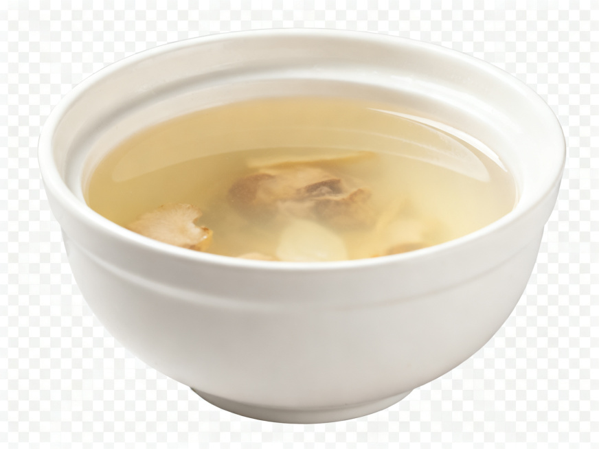 一碗清澈的药膳养生汤，盛放在白瓷碗中，汤色清亮，高清晰度，透明背景，PNG格式，只有药膳汤碗主体没有背景预览效果