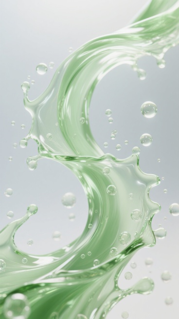 超写实风格的绿色液体飞溅特写，透明质感的浅绿色液体形成动感的波浪与弧状飞溅形态，表面光滑并带有细腻的高光反射，无数大小不一的透明气泡悬浮在液体中及周围，背景为柔和渐变的浅灰色，整体光影明亮柔和，光线从上方照射形成自然的明暗过渡，营造出清新、纯净且富有生命力的氛围，液体边缘清晰锐利，细节丰富，具有高度的真实感和立体感。预览效果