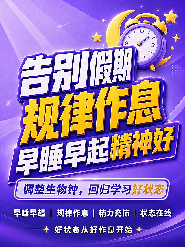 厚重3D立体字风格开学季竖版海报，紫金渐变配色，严格参考示例图排版结构。画面比例3:4竖版。背景深紫到浅紫渐变，带光线放射效果和星光点缀。右上角装饰：3D立体闹钟+月亮星星。中部超大厚重3D立体字分三行：第一行白色立体字"告别假期"，第二行金黄色立体字"规律作息"，第三行白色立体字配金黄色关键词"早睡早起精神好"。下方紫色圆角长条标签写着"调整生物钟，回归学习好状态"。再下方四个卖点横向排列，白色粗体字配金色竖线分隔："早睡早起 | 规律作息 | 精力充沛 | 状态在线"。最底部金色星光装饰配文字"好状态从好作息开始"。排版结构与示例图完全一致，文案超大醒目，适合手机端阅读。画面中所有信息区域必须填充完整合理的内容，不得出现空白框。
