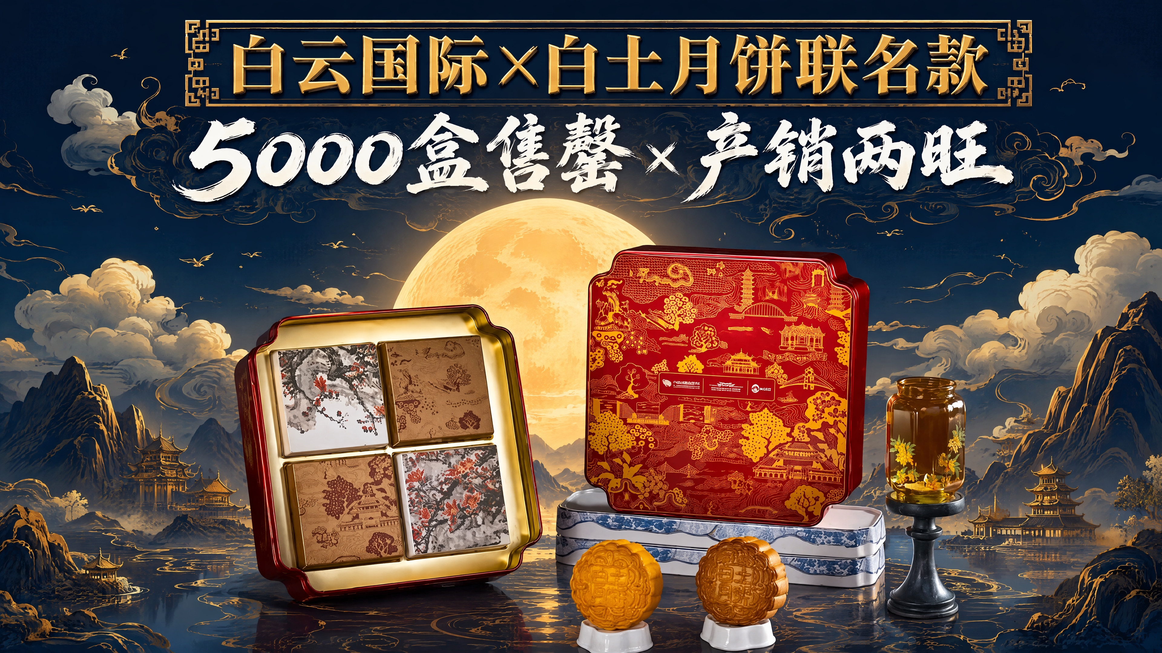 参考图2的中式国潮插画风格，深蓝色夜空背景，中央一轮巨大的金黄… - 图片创意预览