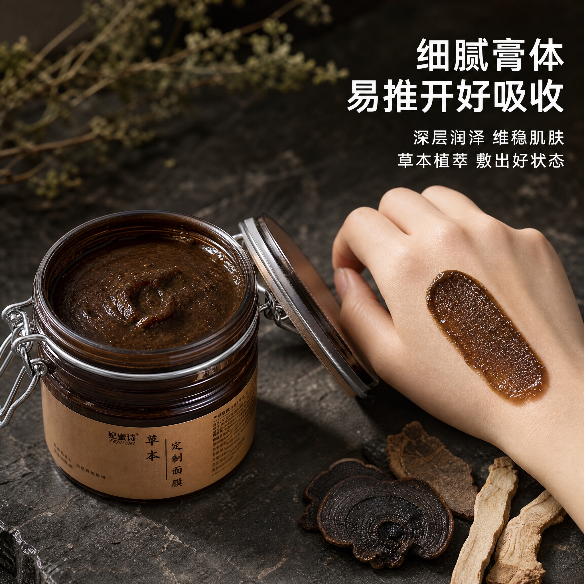 [主图-3] 质地与使用方式展示，呈现草本面膜膏体质感与涂抹使… - 图片创意预览