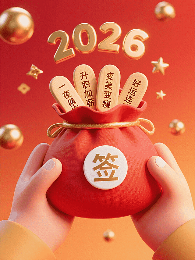 一双手捧着红色福袋（印金色立体 “2026”， 中贴着白色圆形 “签” 字）；福袋内有5个浅木色长椭圆形签，签面印有 “一夜暴富”“升职加薪”“变美变瘦”“好运连连”；背景散落金色球形、小星星，红橙色渐变背景