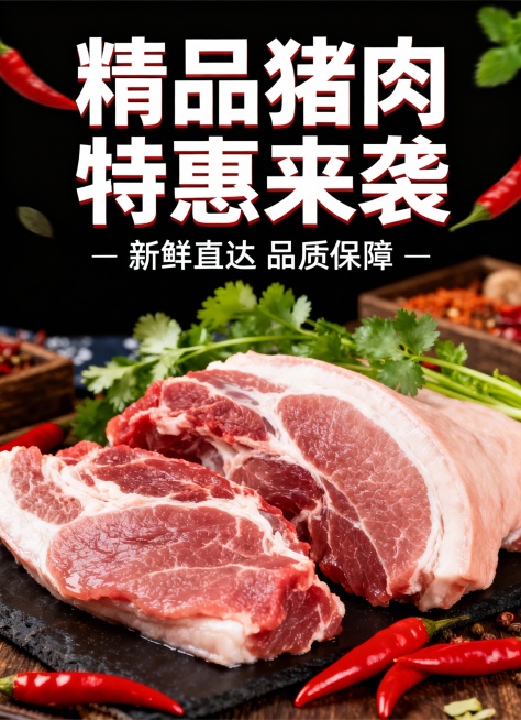 给我设计3个猪肉海报 找个背景猪肉的图片 尺寸为 长2.1m高2.9m 要鲜艳 大气 3个海报的图不能重复 要协调 放在一起的话预览效果