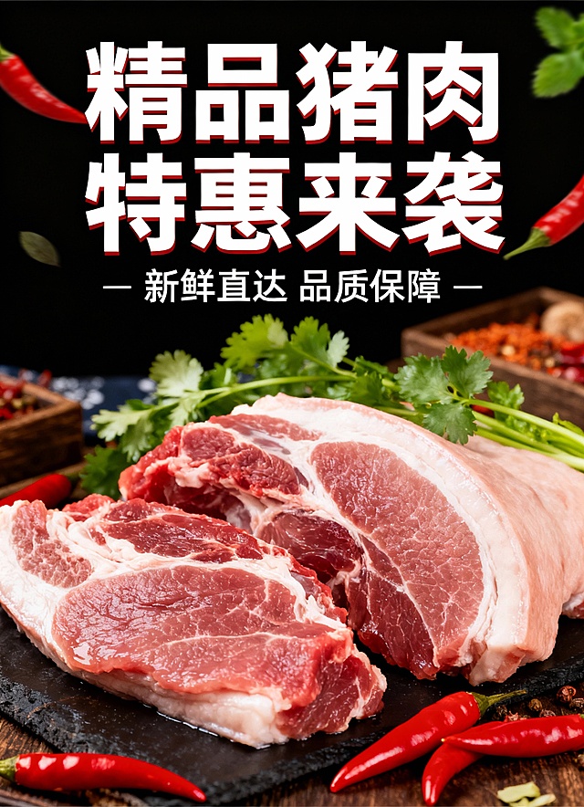 给我设计3个猪肉海报 找个背景猪肉的图片 尺寸为 长2.1m高2.9m 要鲜艳 大气 3个海报的图不能重复 要协调 放在一起的话
