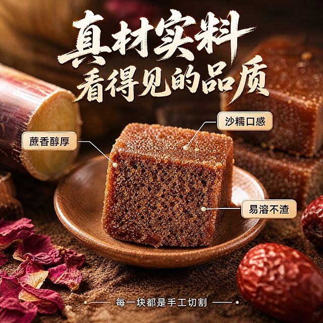 [主图-3] 古法手工红糖细节与成分微距展示，突出品质质感。
[统一基调] 淘宝/天猫食品风格，暖棕色调为主，自然暖阳逆光，主标题用粗笔刷书法字，字色米白配浅金描边，辅助文案用清爽黑体，整体专业品质有食欲。
[画面] 微距特写镜头，画面中央是一块切开的红糖块横截面，展示内部细腻的沙粒状纹理和均匀的气孔结构，糖体色泽深红棕亮，有微微的糖霜结晶反光。红糖块放在粗陶小碟上，旁边散落着几颗完整的红糖块，还有一小段甘蔗、几片干玫瑰和红枣作为配料点缀。用极细的引线从红糖块不同部位引出，标注"沙糯口感""蔗香醇厚""易溶不渣"三个细节特点。
[光影质感] 侧逆光微距打光，突出红糖表面的颗粒质感和内部层次，糖体有温润的半透明感，阴影柔和，商业美食摄影级质感。
[配色] 深红糖色、暖棕、陶土色、米白、玫瑰粉点缀，色调统一温暖。
[文字版式] 画面上方主标题"真材实料 看得见的品质"，下方三个引线标注分别对应三个细节卖点，文字简洁有力。底部小字补充"每一块都是手工切割"。
[输出要求] 1:1正方形，2048*2048，文字清晰可读，产品清晰不变形，无错字，无水印，无平台Logo，无多余杂物。