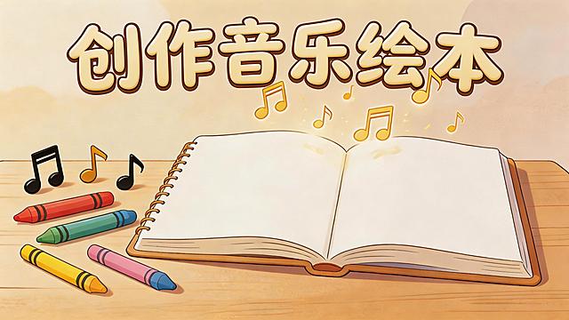 将画面中的“创作音乐绘本”文字调整得更醒目清晰，保持圆润童趣的风格，位置更协调，不遮挡核心画面元素