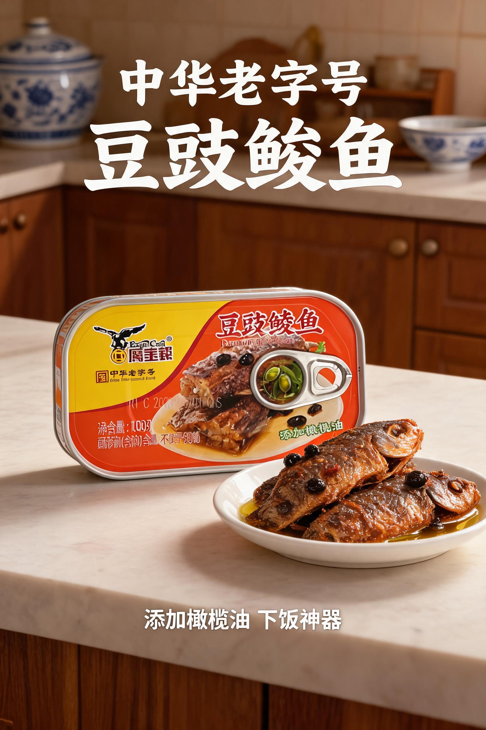 电商主图，鹰金钱豆豉鲮鱼罐头一罐居中，罐头包装完整清晰，旁边摆… - 图片创意预览