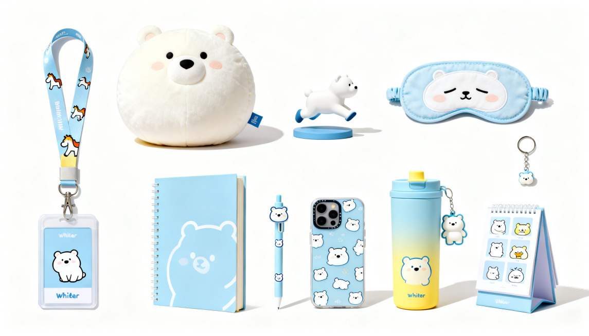 小白熊主题文创周边产品全景展示，工牌带有趣味马上小熊图案，抱枕是立体圆滚滚小白熊造型，眼罩印有慵懒小熊脸，小摆件是小白熊奔跑马上姿态，笔记本封面简约小熊轮廓，手机壳满印可爱小熊，笔杆印迷你小熊logo预览效果