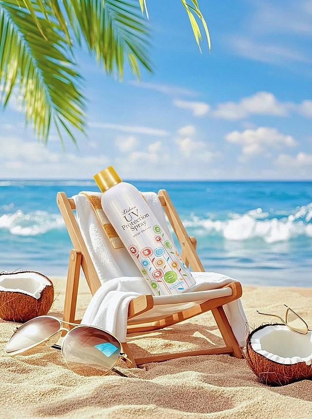 将给出的产品放到场景图的椅子上，要求生成防晒霜躺在椅子上的那种感觉，同时去除左边图片的所有文案