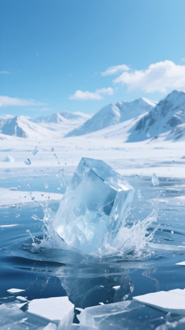 超写实风格冰雪背景，纯净通透的蓝色调，远处是覆盖着皑皑白雪的连绵山脉，天空湛蓝飘着少量白云，前景是碎裂的冰面，一块巨大的冰块正从冰面下猛然跃出，溅起大量水花和飞溅的冰晶碎片，冰块棱角分明且晶莹剔透，水面波光粼粼，整体画面营造出寒冷而充满力量的氛围，光影效果自然，冰面质感光滑带有细微裂痕，冰块飞溅的动态感十足，展现出冰雪世界的壮阔与灵动。预览效果
