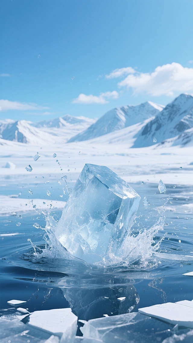 超写实风格冰雪背景，纯净通透的蓝色调，远处是覆盖着皑皑白雪的连绵山脉，天空湛蓝飘着少量白云，前景是碎裂的冰面，一块巨大的冰块正从冰面下猛然跃出，溅起大量水花和飞溅的冰晶碎片，冰块棱角分明且晶莹剔透，水面波光粼粼，整体画面营造出寒冷而充满力量的氛围，光影效果自然，冰面质感光滑带有细微裂痕，冰块飞溅的动态感十足，展现出冰雪世界的壮阔与灵动。