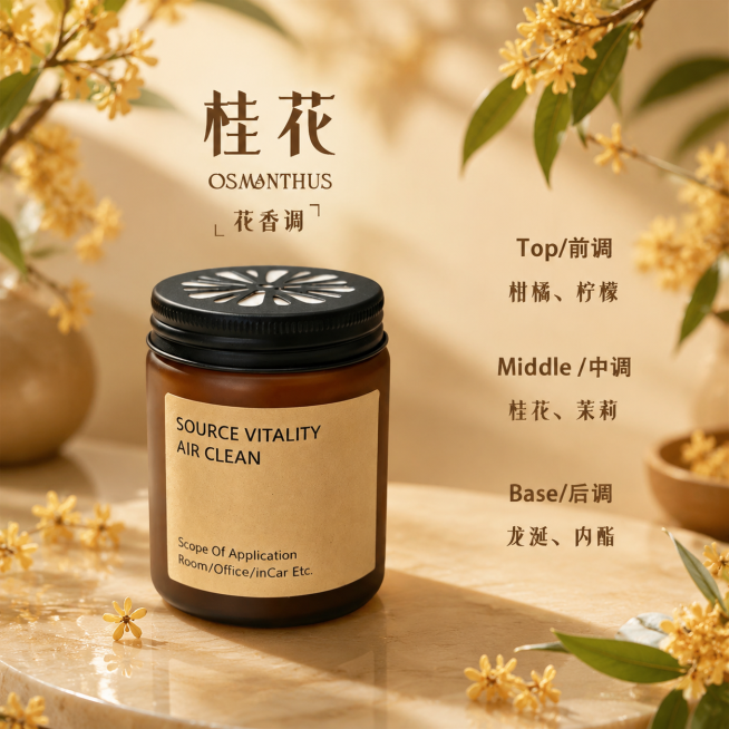 将原背景替换为带有桂花元素的浅棕色背景，保持产品罐子、原文字信息、文字内容完全不变，仅可变换文字位置，整体统一棕色色系，保持产品外观（物理结构、材质质感、颜色）与原图一致，杜绝变形和色差，商业摄影质感预览效果