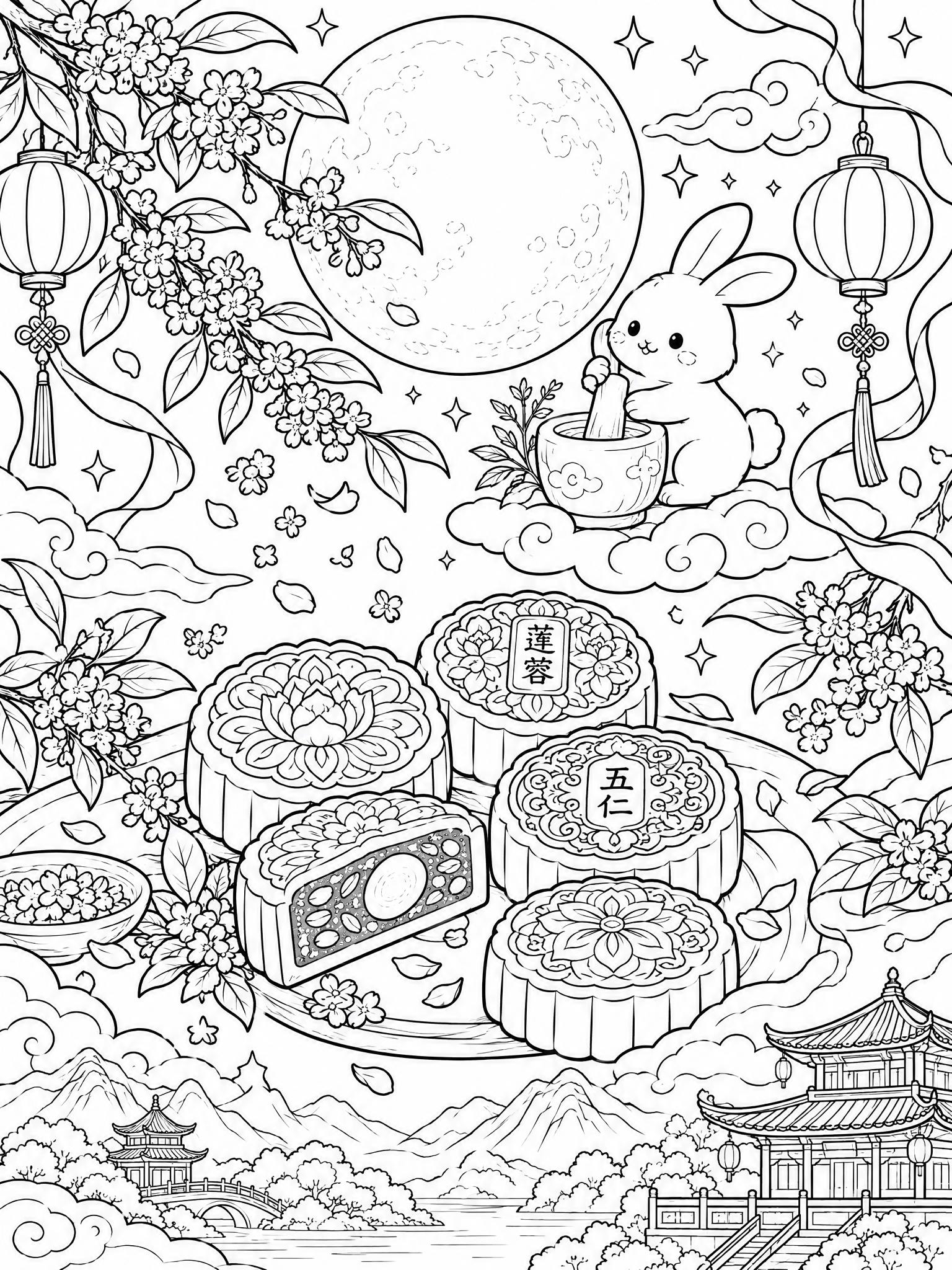黑白线描手绘风格的节日涂色插画，中秋主题元素丰富：画面上方有一… - 图片创意预览