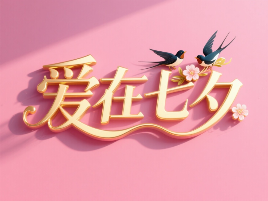 横向金色文字"爱在七夕"。创意字体设计点缀两只喜鹊、花朵元素，线条流畅，高级感，粉色背景，高纯度配色。预览效果