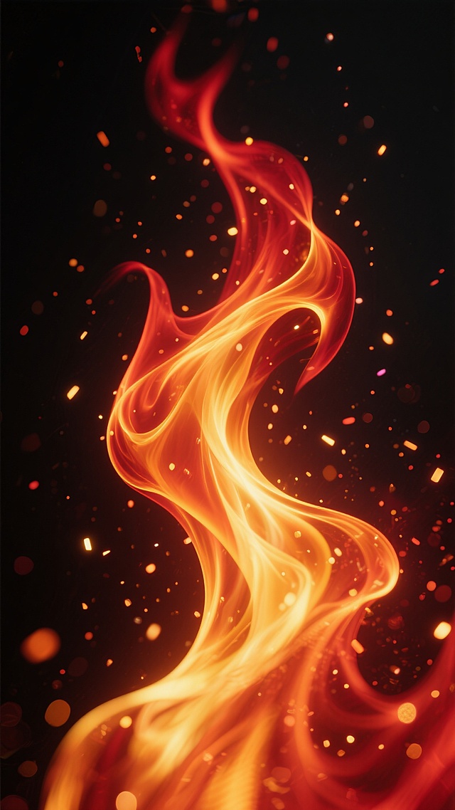 深邃黑色背景上，流动的火焰以抽象的形态呈现，火焰边缘柔和模糊，非具象化处理，主要由暖红色、橙黄色和少量金色的渐变光效构成，带有大量细小的火星和光斑随机散布，整体呈现出一种动感、热烈且神秘的氛围，光影层次丰富，具有强烈的视觉冲击力和梦幻般的质感。