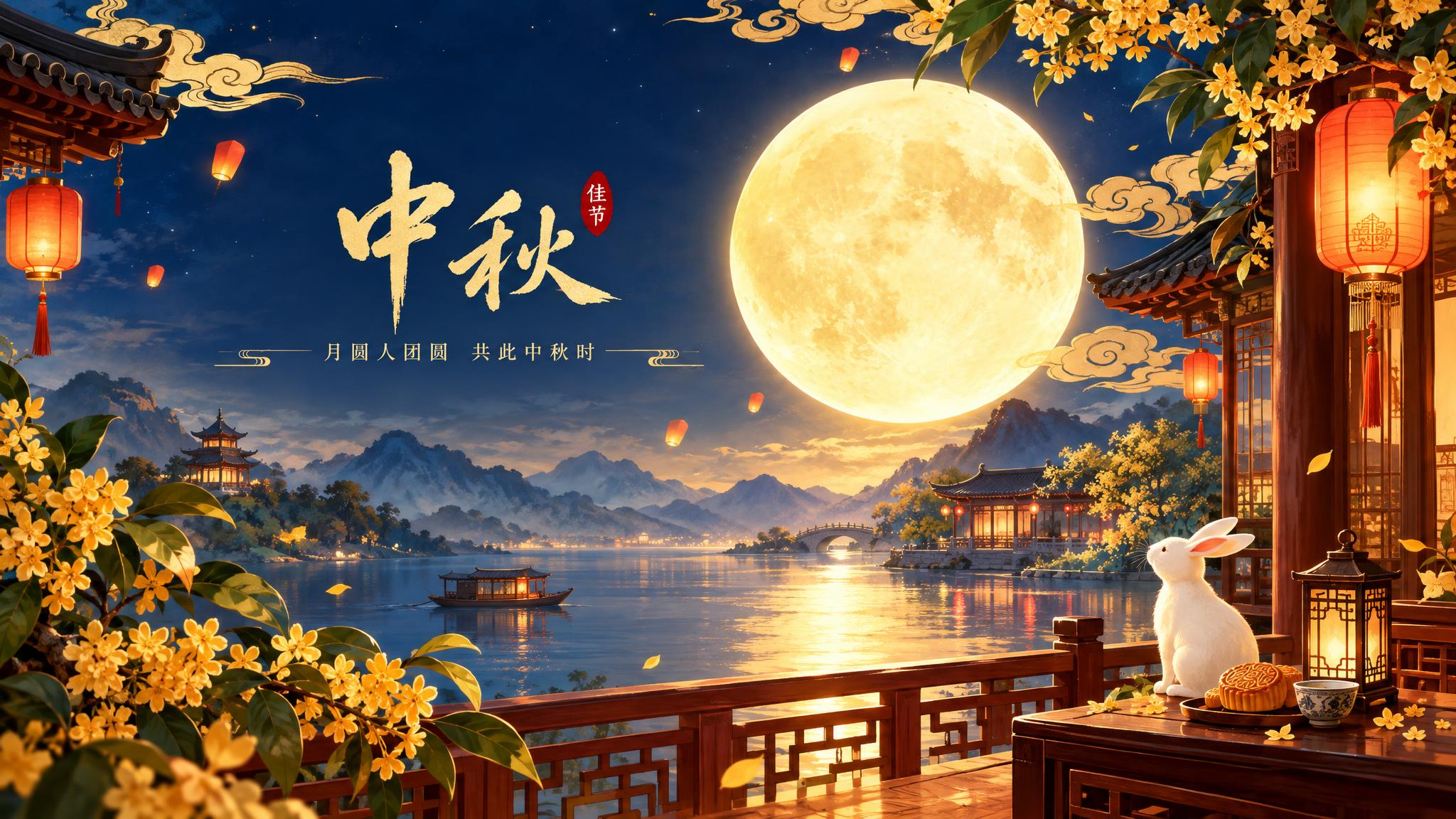 16:9横版中秋公众号封面图，中国风传统节日氛围，画面中央有一… - 图片创意预览