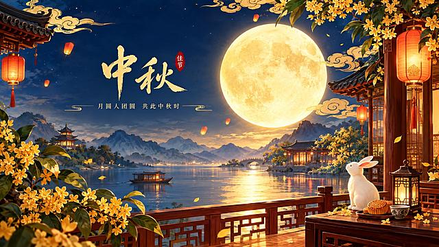 16:9横版中秋公众号封面图，中国风传统节日氛围，画面中央有一轮硕大明亮的满月，月光洒在古色古香的中式庭院或山水间，点缀着桂花树、玉兔、灯笼、祥云等中秋元素，整体色调以暖金色、深蓝色、朱红色为主，温馨雅致，留有适当的标题文字区域，构图大气美观，适合作为公众号首图封面