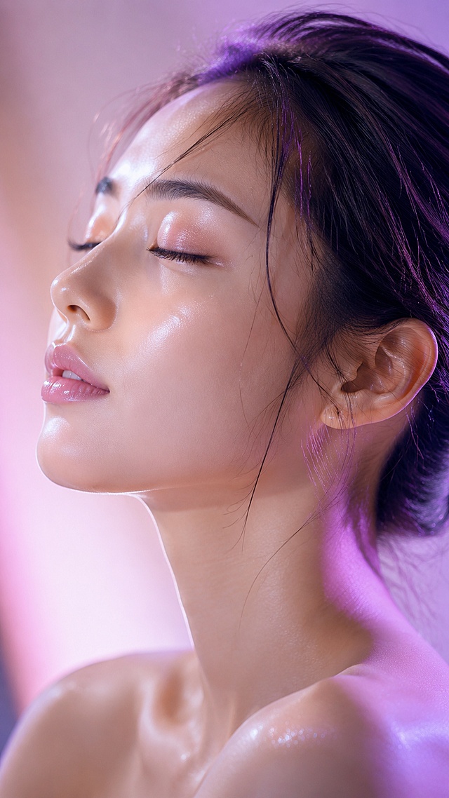 Close-up profile portrait of a beautiful young Asian woman with flawless glowing glass skin, extremely hydrated and dewy complexion, eyes gently closed with a peaceful and relaxed expression, soft pink and lilac gradient rim lighting, dreamy and elegant, high-end skincare advertisement, clean blurred background, incredibly realistic skin texture, 8k resolution, cinematic lighting