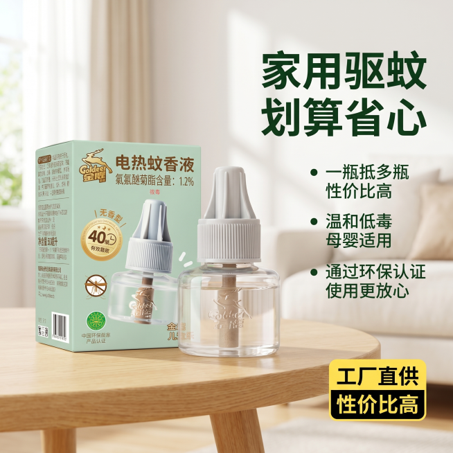 [主图-3] 安全性与性价比主图，突出家庭适用。
[氛围风格] 温馨安心，突出性价比。
[画质] 商业摄影质感、光线明亮通透、产品清晰真实、画面干净高级。
[元素] 保持金鹿电热蚊香液产品外观与输入产预览效果