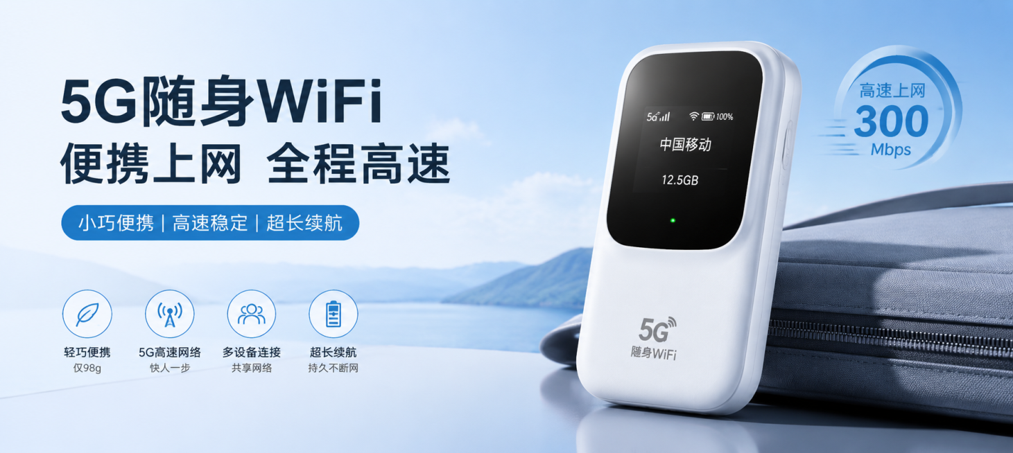 随身WiFi电商海报轮播图，展示随身WiFi产品外观，突出便携高速上网卖点，现代简约设计风格，突出产品，构图简洁，适合轮播展示预览效果
