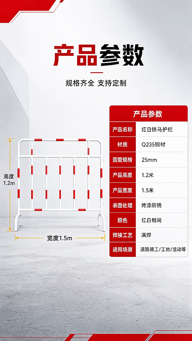 [商品] 使用【图1】红白铁马护栏；保留产品正面完整结构、颜色和比例；产品规格为高度1.2米、宽度1.5米、25mm圆管焊接；产品置于左侧，尺寸适中，右侧为参数表区域。
[画面] 目标：规格参数收口，提供完整准确的产品信息。构图：左图右表布局，左侧产品正面展示占比约40%，有尺寸引线标注高度1.2米和宽度1.5米；右侧参数表格占比约50%，清晰列出各项参数。背景：浅灰白色简洁背景，信息层级分明，表格清晰易读。
[视觉] 套系策略：风格=工业风专业商业摄影；标题字=粗黑无衬线黑体；正文字=简洁无衬线体；主色=工程红+白色；背景延展=基于工程红做深浅层级、灰蓝工业色调渐变和水泥/沥青质感；强调色=亮黄色，仅用于小面积警示图标、引线和标签；标题色=工程红；正文色=深炭灰；组件=直角信息卡、粗线引线、警示图标；光影=正面均匀柔光，产品清晰无阴影干扰。
[文字] 顶部主标题"产品参数"，副标题"规格齐全 支持定制"。参数表包含：产品名称：红白铁马护栏、材质：Q235钢材、圆管规格：25mm、产品高度：1.2米、产品宽度：1.5米、表面处理：烤漆防锈、颜色：红白相间、焊接工艺：满焊、适用场景：道路施工/工地/活动等。尺寸引线标注"高度1.2m""宽度1.5m"。所有文字横向排版，表格清晰易读。
[规格] 图片比例9:16竖版，4K，避免变形、错字、文字过小、参数表模糊、尺寸标注不准确。