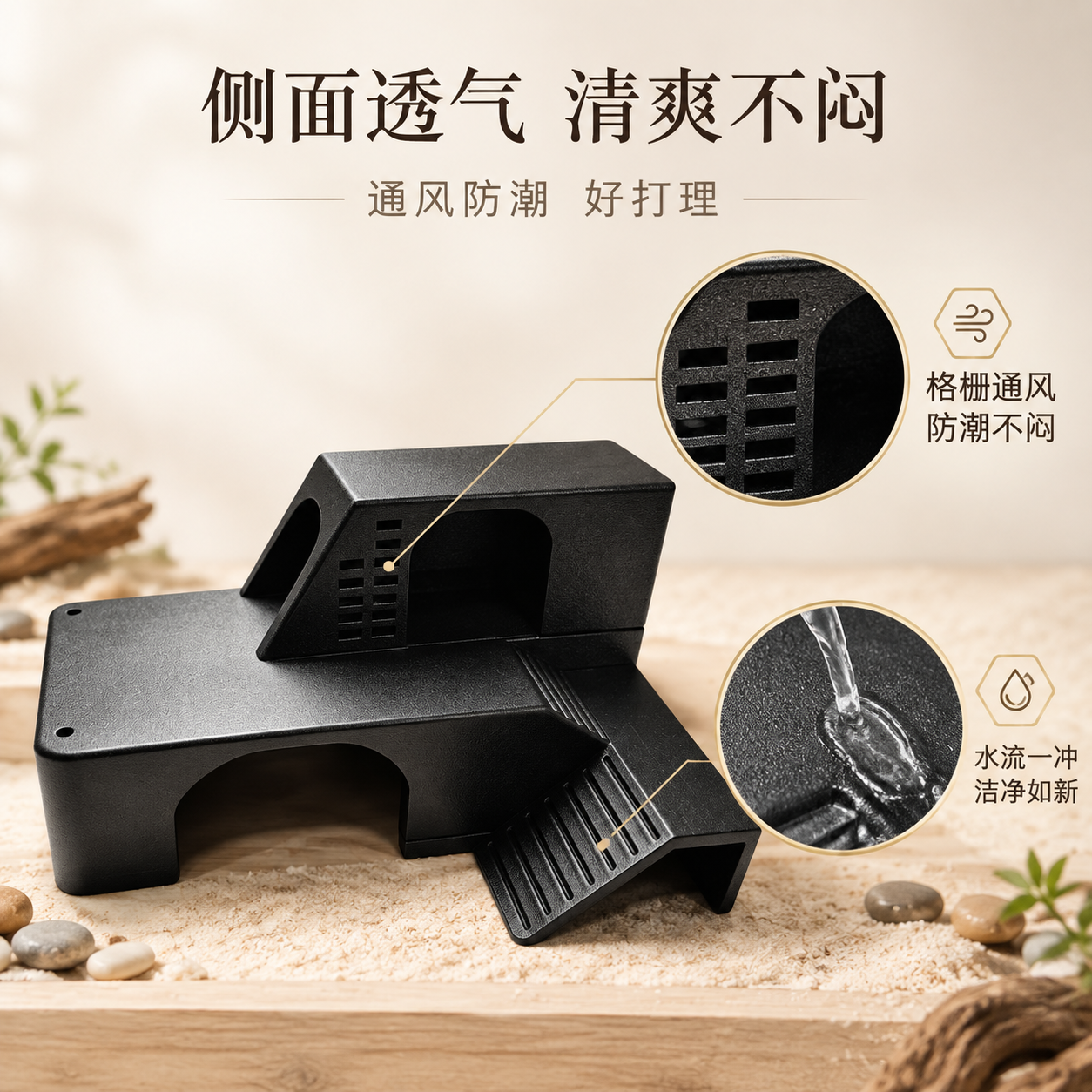 [主图-5] 淘宝细节功能图：侧面透气格栅与易清洗打理卖点。产… - 图片创意预览