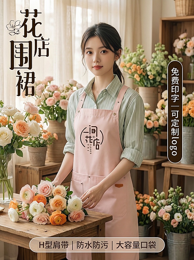 [垫图]https://9.png
[主图主题]粉色花店可定制logo围裙首图
[氛围/风格]清新温馨花艺风，自然光漫射，治愈花店氛围感
[画面元素]粉色H型肩带围裙居中展示，亚洲女性模特（与参考图模特五官发型一致，身着浅绿条纹衬衫）自然站立在明亮花店内，手轻触桌面的花束，围裙主体完整无切割，占比60%；背景为摆满浅粉、白色、橙色鲜花的木质花架，窗纱透进柔和暖光，光影柔和细腻，背景铺满全屏无边框
[配色色系]主色调：柔粉色（围裙）；辅助色：浅绿、暖白、浅橘（花束）、木棕（花架）
[视角构图]正面平视，景深适中，模特大腿以上中景
[文字版式]左上角主标题“花店围裙”搭配花朵小图标，右侧竖排深棕色胶囊框白色文字“免费印字 可定制logo”，底部浅棕半透明胶囊框内白色无衬线字体卖点“H型肩带 | 防水防污 | 大容量口袋”，文字悬浮于背景，不遮挡产品主体
[比例分辨率]3:4比例，2K分辨率
