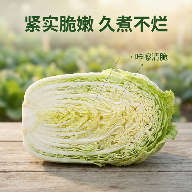 [主图 2] 黄白菜核心品质展示
[氛围风格] 温馨舒适家庭治愈田园风，清新自然，专业可信。
[画面元素] 商业摄影质感、光线柔和通透、产品清晰真实、画面干净高级。将黄白菜横向切开展示横截面，突出紧实预览效果
