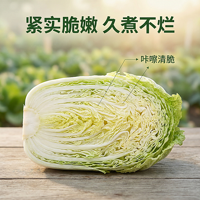 [主图 2] 黄白菜核心品质展示
[氛围风格] 温馨舒适家庭治愈田园风，清新自然，专业可信。
[画面元素] 商业摄影质感、光线柔和通透、产品清晰真实、画面干净高级。将黄白菜横向切开展示横截面，突出紧实脆嫩的内在纹理，放置在干净的田园木桌上，背景虚化远处的青菜菜园，自然暖阳侧光打在切面上，清晰展示脆嫩无渣的品质。保持黄白菜的基础特征与原图一致。
[配色色系] 主色调：浅绿、米白；辅助色：原木色、浅灰。
[视角构图] 平俯视角度，切面主体居中，浅景深突出细节。
[文字版式] 上方居中放置主标题“紧实脆嫩 久煮不烂”，深绿色粗体大字；使用极细引线连接切面位置，标注文字“咔嚓清脆”，字号较小，深绿色，引线纤细不遮挡主体。
[比例分辨率] 1:1 比例，2k 分辨率；文字清晰可辨，超高清。
[负向提示词] 变形，水印，文字错乱，产品图模糊，背景杂乱，文字遮挡主体。