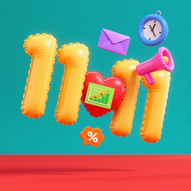 软3D充气风“11.11”数字，搭配卡通感图标，波普色彩碰撞，喜庆活泼，传递双11购物狂欢氛围。