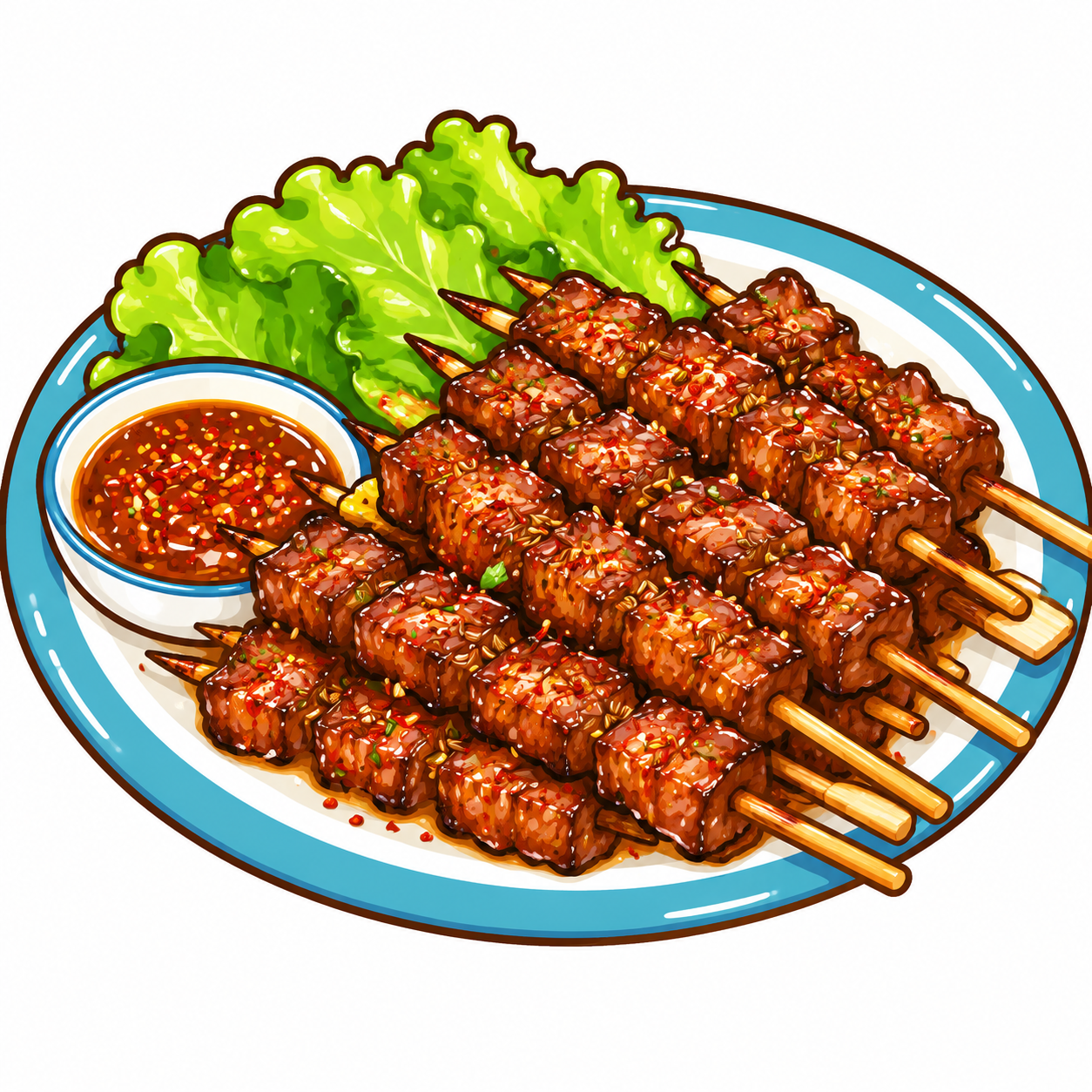 牛肉小串美食插画，Q版卡通手绘风格，粗黑描边，鲜艳饱满的色彩，… - 图片创意预览