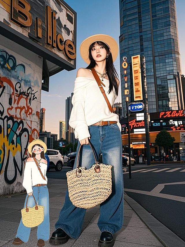 复古街头风，融合插画与实景，微缩人物拼贴呼应潮流穿搭，展现时尚与艺术的碰撞。