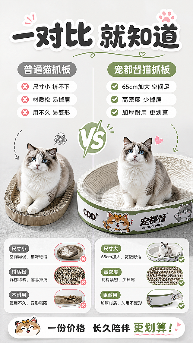 [商品] 使用【图1】宠都督65CM特大号椭圆形白卡纸猫抓板；保留椭圆形结构、瓦楞纸白色抓面、侧边绿白配色、"宠都督""CDD"品牌文字和卡通猫咪图案；商品处理：右侧为我方产品保持原貌，左侧为普通小号猫抓板（尺寸明显更小、颜色偏黄、材质稀疏），形成鲜明对比。
[画面] 页面目标：对比优势，突出本产品在尺寸、厚度、耐用度上的优势，强化性价比。构图：竖版9:16，左右对比分栏布局，中间用竖线分隔；左侧40%为"普通猫抓板"，右侧60%为"宠都督猫抓板"；两侧各放一只同样大小的猫咪做参照，左侧猫咪挤在小板子里很憋屈，右侧猫咪在大板子里很宽松。场景：统一浅灰色背景，两侧各放一块猫抓板和猫咪，底部有对应标签，简洁明了。前中后景：前景猫抓板+猫咪、中景对比标签、后景浅灰渐变背景。
[视觉] 套系策略：风格=清新治愈家居商业摄影风；标题字=圆润粗黑体，萌系可爱；正文字=简洁无衬线体；主色=奶白色+抹茶绿；背景延展=基于奶白和抹茶绿做深浅层级、同色渐变和细腻纸张/织物质感；强调色=樱花粉，仅用于小面积标签、图标和高亮；标题色=深炭灰；正文色=中暖灰；组件=圆角白底信息卡、软萌曲线引线、圆点装饰；光影=顶部均匀柔光，两侧亮度一致。
[文字] 顶部大标题"一对比 就知道"；左侧灰色标题"普通猫抓板"配3个红叉小项：①尺寸小 挤不下 ②材质松 易掉屑 ③用不久 易变形；右侧绿色标题"宠都督猫抓板"配3个绿勾小项：①65cm加大 空间足 ②高密度 少掉屑 ③加厚耐用 更划算；中间用VS图标分隔。文字全部横排，对比清晰。
[规格] 图片比例9:16竖版，分辨率4K，负向提示：避免对比失真、产品变形、贬低性语言过激、文字竖排、极限词宣传、虚假对比。
