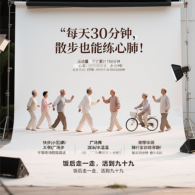 海报8：《有氧“慢节奏”：强心肺，增耐力！》
标题：
“每天30分钟，散步也能练心肺！”
内容：

推荐项目：快走（小区散步）、太极拳、广场舞、游泳（水温适宜）、骑自行车（平稳路段）；
运动量：每周累计150分钟，每次30分钟（分3-5次）；
强度判断：“呼吸略喘但能说话”，心率≤（170-年龄）次/分钟（如70岁老人≤100次/分钟）。
插图：老人群体快走、打太极的场景，配“饭后走一走，活到九十九”。