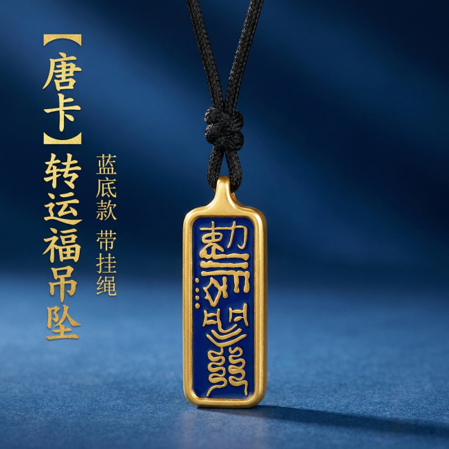[主图 1] 唐卡转运符吊坠首图。
[氛围风格] 国风简约高级，质感突出。
[画面元素] 商业摄影质感、光线柔和通透、产品清晰真实、画面干净高级。保留原产品外观，保持蓝底金字不变，吊坠居中展示，搭配黑预览效果