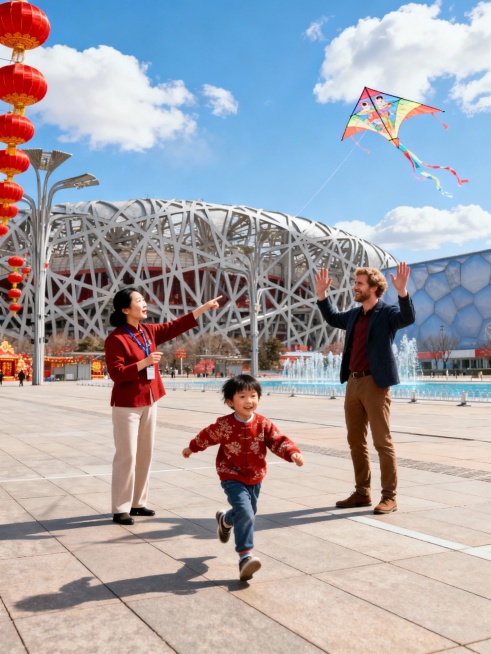一个中国母亲 一个外国父亲和一个小孩春节在北京旅游画面，10张景点游玩，几张有导游的图预览效果