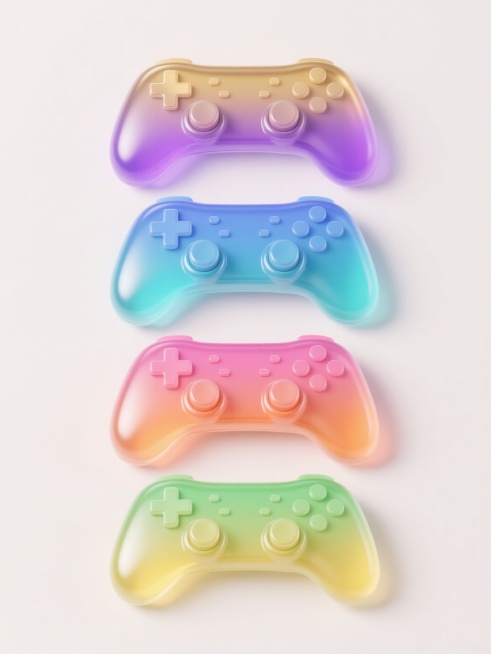 4个不同配色和材质的游戏手柄元素，采用上下两行对齐排列的构图，每个手柄都具有光滑圆润的现代造型，搭配凸起的十字键和圆形按键设计，保持与原图一致的高光泽透明渐变质感，色彩分别为紫色到金色渐变、蓝色到青色渐变、粉色到橙色渐变、绿色到黄色渐变，背景为纯净的浅色，整体呈现出明亮通透的3D渲染效果，光影过渡自然，突出手柄的立体感和材质纹理。预览效果