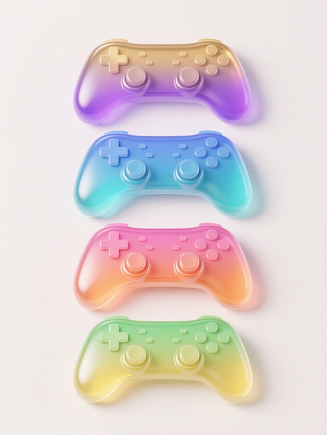 4个不同配色和材质的游戏手柄元素，采用上下两行对齐排列的构图，每个手柄都具有光滑圆润的现代造型，搭配凸起的十字键和圆形按键设计，保持与原图一致的高光泽透明渐变质感，色彩分别为紫色到金色渐变、蓝色到青色渐变、粉色到橙色渐变、绿色到黄色渐变，背景为纯净的浅色，整体呈现出明亮通透的3D渲染效果，光影过渡自然，突出手柄的立体感和材质纹理。