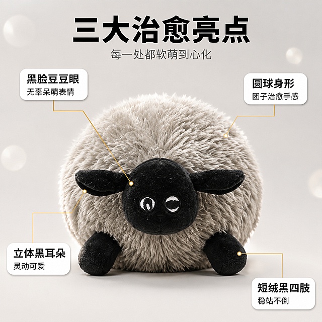 [主图-2] 黑脸白身小羊毛绒公仔核心亮点图 卖点标注解析图
[氛围风格] 温馨治愈风 信息清晰明了 经典IP致敬感
[画质] 商业摄影质感 光线均匀柔和 产品细节清晰 毛绒纹理细腻
[元素] 一只圆滚滚黑脸白身小羊毛绒公仔位于画面正中心 正面朝向镜头 豆豆眼无辜呆萌 圆球身形饱满蓬松 灰色毛绒质感柔软 黑脸黑耳朵黑四肢 以小羊为中心 用细金色引线从不同部位引出卖点标注 左上方引线指向脸部 右上方引线指向身体毛绒 左下方引线指向耳朵 右下方引线指向四肢 背景为浅灰色渐变背景 简洁干净 点缀几个柔和的圆形光晕 保持小羊公仔外观与输入产品图一致 杜绝变形和色差 精细化处理 商品主体占比约65% 画面满屏无边框
[光影] 顶部均匀柔光 四面八方补光均匀 减少阴影 清晰展示产品各个部位细节 毛绒边缘有轻微轮廓光 突出蓬松感
[配色] 主色浅灰 白色 辅色黑色 金色引线 整体干净明亮
[视角构图] 正面平视角度 主体居中 四周预留空间放置卖点标注 景深较浅 背景简洁 突出主体和信息
[文字版式] 顶部居中主标题 三大治愈亮点 黑色粗体大号无衬线字体 下方小字副标题 每一处都软萌到心化 灰色细体 四个卖点标注分别为 左上 黑脸豆豆眼 无辜呆萌表情 右上 圆球身形 团子治愈手感 左下 立体黑耳朵 灵动可爱 右下 短绒黑四肢 稳站不倒 每个标注由金色小圆点+引线+圆角白色标签组成 标签内文字为黑色 上大下小排版 标签有轻微阴影
[输出要求] 1:1比例 文字清晰锐利 超高清商业摄影质感
[负向提示词] 变形 文字错乱 产品图模糊 背景杂乱 水印 电商平台Logo 多余的手 畸形手
