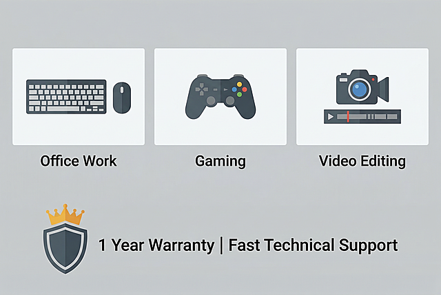 Light gray solid background. Upper part: three scene icons - Office Work with keyboard and mouse icon, Gaming with game controller icon, Video Editing with camera/timeline icon. Lower part: shield/crown icon + text "1 Year Warranty | Fast Technical Support". Simple business style, flat icons, no watermark, no price, no Amazon logo, 8k, high resolution, Amazon A+ page.