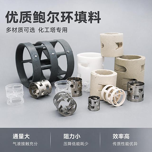 [主图-1] 鲍尔环填料产品首图 专业化工填料展示
[氛围风格] 专业工业风 简洁干净 突出产品专业感
[画质] 商业摄影质感 光线明亮通透 产品清晰真实 画面干净高级
[元素] 保持各类鲍尔环填料的外观、物理结构、材质质感、颜色与输入产品图绝对一致，杜绝任何变形和色差，精细化处理。将不同规格和材质的鲍尔环填料有序陈列在浅灰色工业工作台面上，产品主体占比约70%。画面丰富，细节清晰。
[光影] 主光源来自左前方，辅助光源从右后方补光，边缘高光清晰，突出金属、陶瓷和塑料材质的不同质感，背景干净不抢主体。
[配色] 主色调浅灰色工业风背景，产品保持原有材质色彩，整体偏冷色调专业感。
[视角构图] 平视45°斜角拍摄，主体居中，景深适中，产品完整不切割。
[文字版式] 画面左上角左对齐留安全边距，大字主文案“优质鲍尔环填料”，深灰色粗体无衬线字体；下方辅助短句“多材质可选 化工塔专用”，约一半字号，同色系浅色。底部通栏半透明渐变蒙层，均分三列，列内文字左对齐：列一「通量大」列二「阻力小」列三「效率高」，白字与深色背景强对比。
[输出要求] 1:1 比例，文字清晰可辨，超高清商业摄影质感。
[负向提示词] 变形，文字错乱，产品图模糊，背景杂乱，水印，电商平台Logo，夸张工业场景