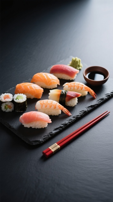一张高质量的寿司美食摄影图片，深色背景上摆放着不同种类的寿司，包括三文鱼寿司、金枪鱼寿司、虾寿司和各种卷寿司，寿司被整齐地摆放在黑色的石板上，旁边有一个装有酱油的棕色小碗和一双红色的筷子，光线从斜上方照射，突出寿司的新鲜质感和色彩，整体呈现出高级、精致的美食氛围，画面中没有LOGO、电话地址及二维码等元素。预览效果