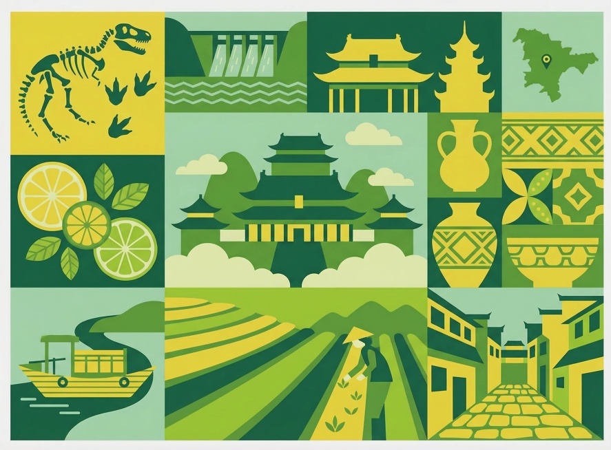 沿用参考图黄绿扁平几何拼接风格，替换元素为郧阳自然景观、文化符号、人文特色元素，全新几何模块组合，黄绿主色调预览效果