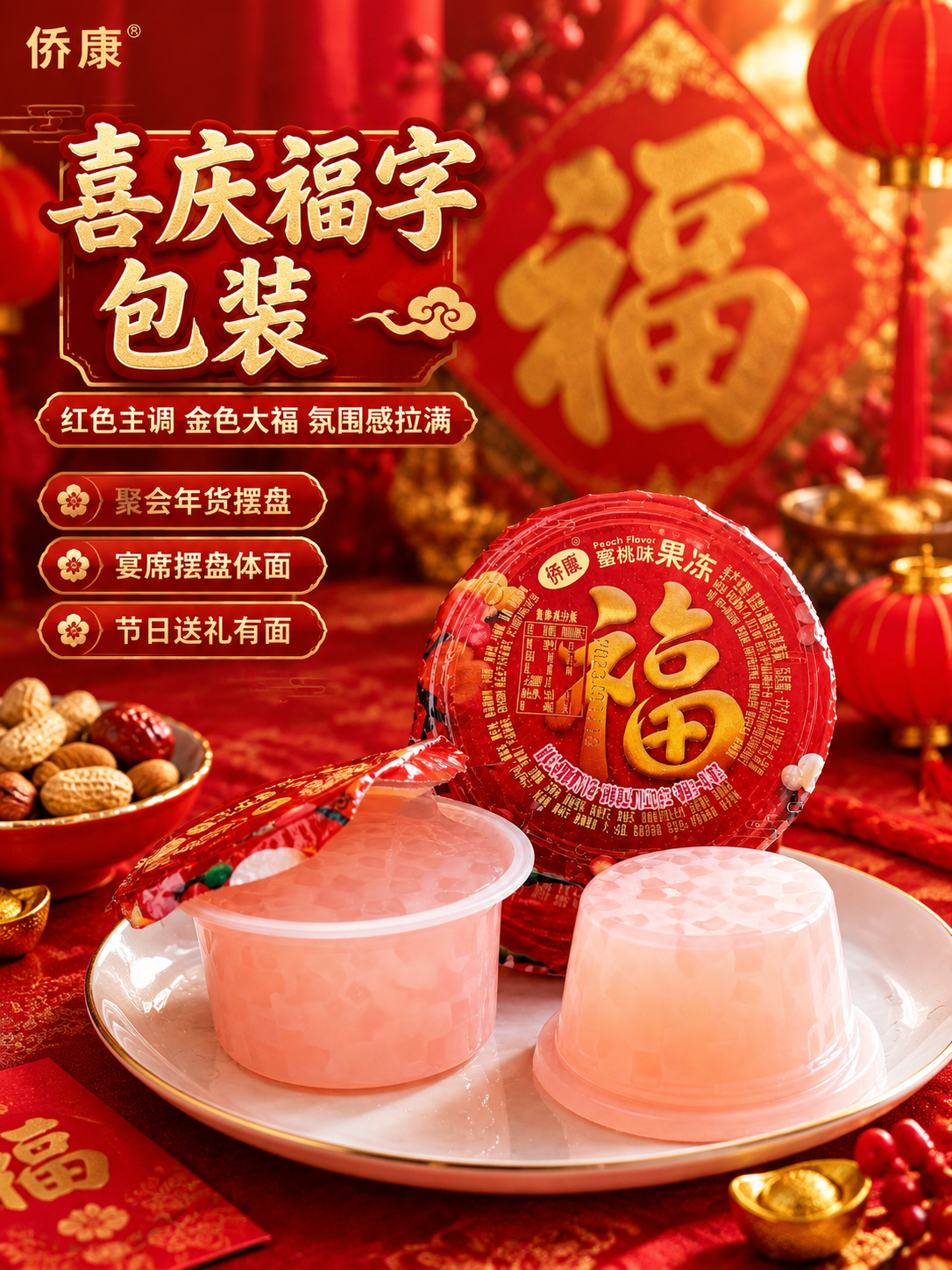 [商品] 使用【图4】侨康福字水蜜桃果冻；保留红色杯盖、金色大… - 图片创意预览