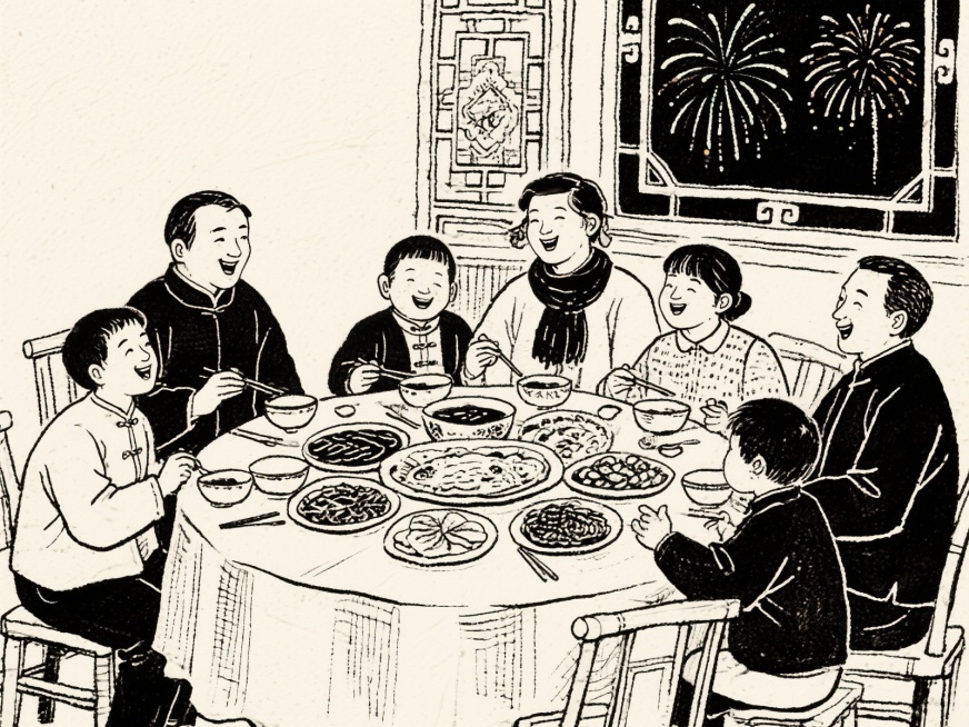生成除夕家人围坐吃饭的线稿预览效果