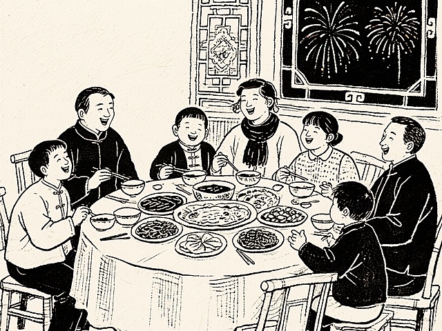 生成除夕家人围坐吃饭的线稿