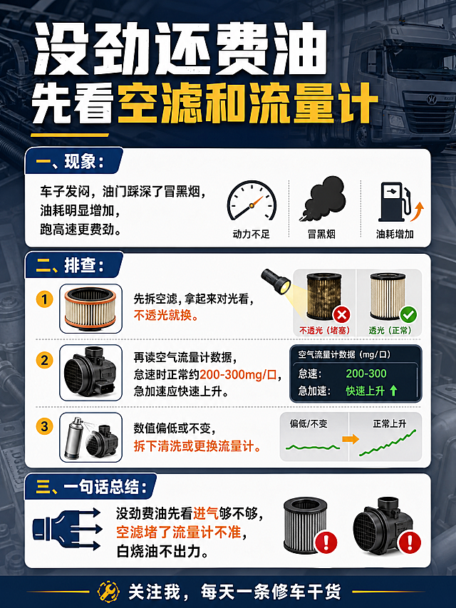 修车干货科普海报，主标题加粗大字："没劲还费油 先看空滤和流量计"，正文清晰排版：现象：车子发闷，油门踩深了冒黑烟，油耗明显增加，跑高速更费劲。排查：先拆空滤，拿起来对光看，不透光就换。再读空气流量计数据，怠速时正常约200-300mg/口，急加速应快速上升。数值偏低或不变，拆下清洗或更换流量计。一句话总结：没劲费油先看进气够不够，空滤堵了流量计不准，白烧油不出力。底部小字："关注我，每天一条修车干货"，背景加入卡车柴油车元素，整体风格简洁清晰，干货为主，适合维修师傅阅读，不花哨，观感舒适