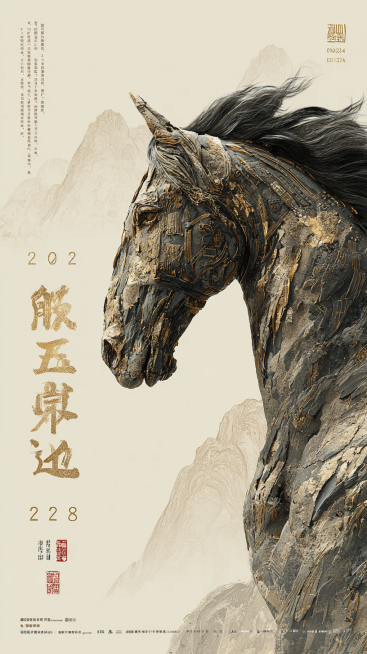 高级艺术海报，9:16，超清细节。画面主体是将汉代马蹄金与石刻拓片风格进行现代解构的巨幅马首像。肌理斑驳，融合了烫金、矿物颜料与纸张撕裂的质感。背景为柔和的米白与砂岩色，留有仿古画般的斑驳印记。
文字预览效果