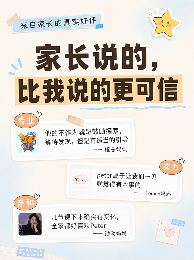 小红书笔记大字封面，配图大字，ins清新手账拼贴风，版式精美，小红书笔记封面质感，适合信息流点击。主标题必须完整呈现且为画面视觉中心，分两行排版，逐字锁定：第一行「家长说的，」第二行「比我说的更可信」。主标题字号占画面约35%视觉权重，大小适中，清晰可读，不得增删改字。「来自家长的真实好评」放在左上角，用蓝色便签条样式呈现。背景：浅奶油米色+淡蓝色弥散渐变，干净柔和。标题排版：扁平粗黑体，深棕黑色主标题，分两行居中排列，关键词加浅橘色色块底框高亮，手账拼贴风格。配图：三张家长聊天截图局部裁切展示，【图1】是参考版式底图，整体布局和风格与参考图保持一致，只修改内容；【图2】只截取包含「几节课下来 他确实有变化」和「太牛了Peter」的对话气泡局部，去掉顶部状态栏和多余聊天记录。评价文案展示，去掉1.2.3.数字序号标识：第一条「他的不作为就是鼓励探索，等待发现，但是有适当的引导」—— 橙子妈妈，配「专业」小标签；第二条「peter属于让我们一见就觉得有本事的」—— Lemon妈妈，配「实力」小标签；第三条勋勋妈妈的话组合两段：「几节课下来确实有变化，全家都好喜欢Peter」—— 勋勋妈妈，配「亲和」小标签；三条评价分别用对话气泡样式呈现，去掉序号标识。装饰：1个星星emoji贴纸在右上角，手绘波浪下划线装饰主标题底部，加少量胶带和便签角标点缀，emoji不与主标题逐字混排。整体氛围：温暖可信、教育分享、家长口碑感。画质：高清细腻，信息层级清晰，主标题与背景强对比，文字完整处于安全区内不可裁切，四周留安全边距。画面比例3:4，4K。图生图：严格使用用户上传图片，【图1】=参考版式底图，【图2】=勋勋妈妈补充好评截图局部裁切，顺序与上传一致。
